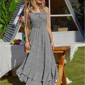Smocked Square-Neck Maxi Dress in Black and White
